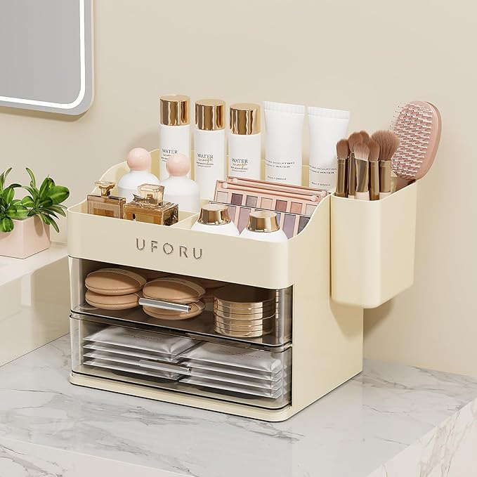 UFORU Makeup Organizer for Vanity with Brush Holder, Countertop Skincare Organizer with 2 Drawers, Spacious Cosmetic Display Case for Perfumes, Eyeshadow Palettes, Nail Polishes