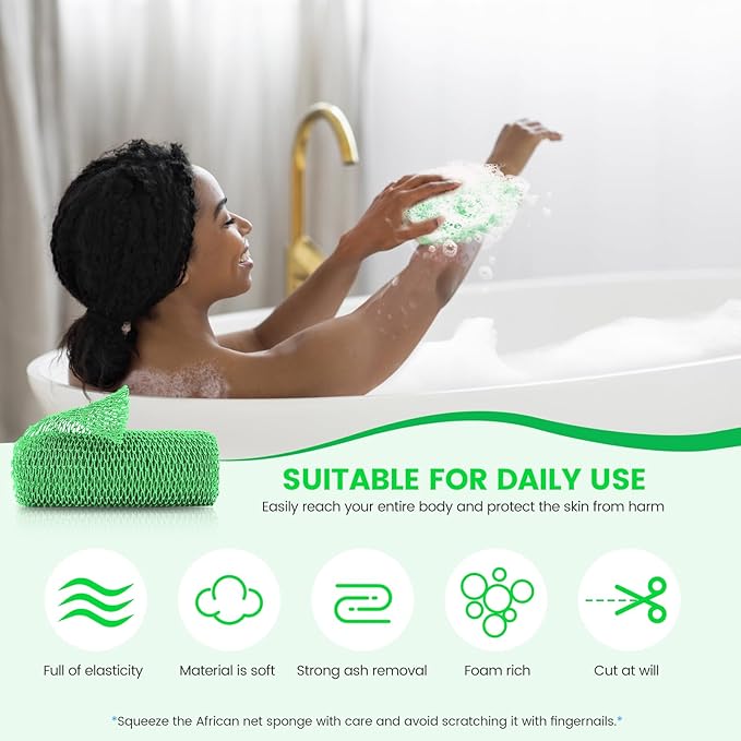 African Net Sponge, Authentic Exfoliating Body Scrubber for Bath and Shower, Multiple Textures with Gentle Deep Exfoliating and Rich Lather for All Skins (Green)