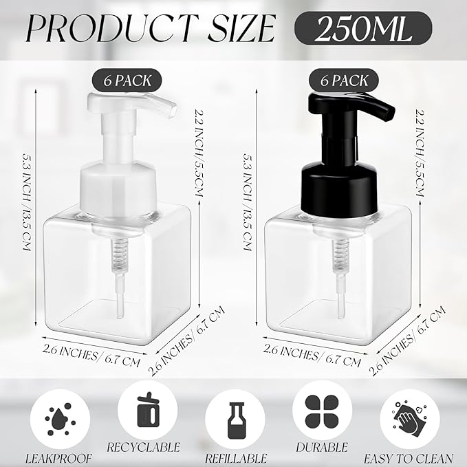 Domensi Foaming Soap Dispenser 8.5 oz Foam Pump Bottle Bulk Empty Travel Foaming Dispenser Refillable Hand Soap Plastic Pump Bottle Travel Clear Container for Bathroom Vanities(12 Pcs,Black White)