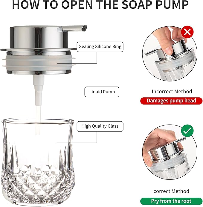 Glass Soap Dispenser Set - 2 Pack Bathroom Hand Liquid Soap Dispensers,Refillable Dish Soap Dispenser,Modern Home Soap Dispenser for Bathroom,Kitchen(Clear/Silver Liquid Pump/2Pack)