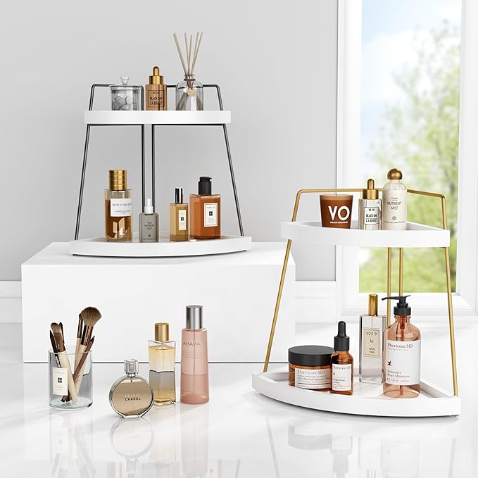 Forbena Corner Bathroom Counter Organizer, 2 Tier Bathroom Organizer Countertop, Small Bathroom Sink Top Trays Corner Shelf Stand for Makeup Vanity Perfume Skincare Decor Storage (White and Gold)