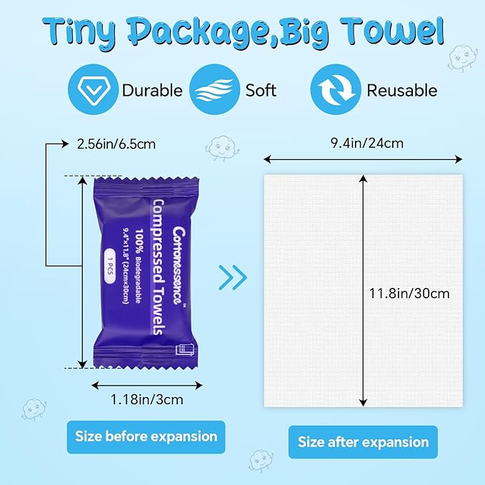 Cottonessence Premium Compressed Towels (50-Pack) - 9.4" x 11.8" Individually Wrapped Coin Tissues, Portable Towels for Travel, Hiking, Gym, Spa, Beauty Salon, Makeup, Baby Care, Outdoor Use