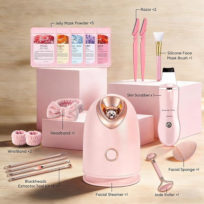 Pjordo Facial Steamer Spa Kit, Skin Scrubber, Nano Ionic Face Steamer for Deep Cleaning Unclogs Pores, Warm Mist Humidifier Steamer for Face Home Sauna SPA