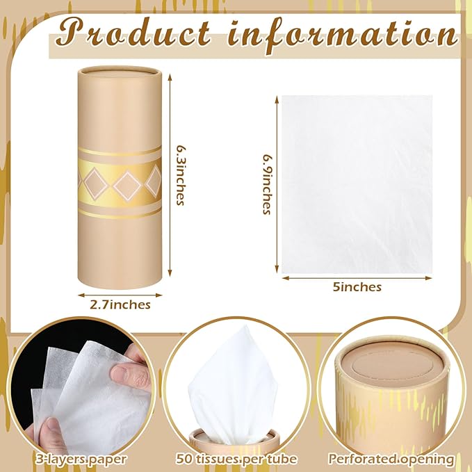Fourluoo 12 Pack Car Tissue Cylinder Holder Bulk with 3 Ply Facial Tissues, Round Napkin Holders for Car Cup Holder Cylinder Travel Paper Tubes Bulk Round Napkin Boxes Packs(Modern Gold Line)