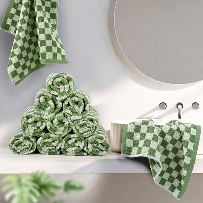 Jacquotha Wash Cloths Super Soft (Green Checkered), Wash Clothes 12 Pack