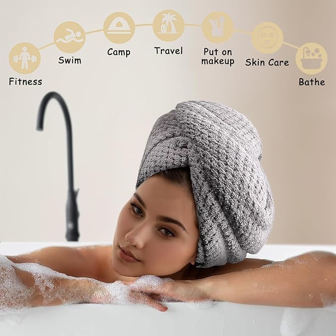 3 Pack Microfiber Hair Towel Wrap for Women, Fast Drying Hair Turban with Button, Anti-Frizz Large Hair Towel for All Hair Styles, Soft & Absorbent Hair Drying Towel