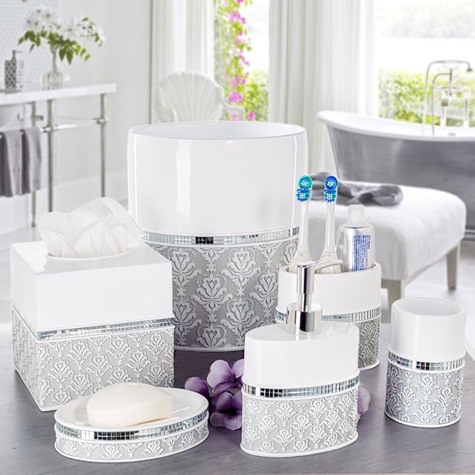 Creative Scents Mirror Damask 6 Piece Resin Bathroom Accessories Set