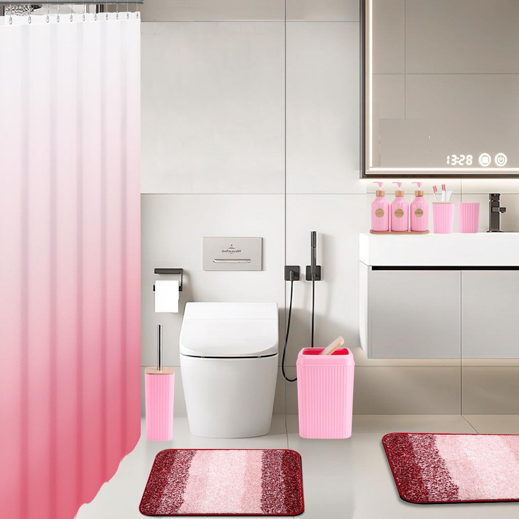 XLHOMO Bathroom Accessories,Bathroom Set with Shower Curtain,Rugs,Trash Can,Lotion Soap Dispenser,Toothbrush Holder,Soap Dish, Tags with Tray（Pink1 ），（Bath Set+Shower Curtain+Bath Rugs）