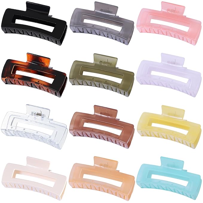 Sisiaipu 12 Pack Large Square Hair Claw Clips for Women and Girls, 4.1 x 2.1 x 1.2 inch, 12 Rubber Paint and Plastic Materials, Non-Slip Jumbo Jaw Design - Jelly