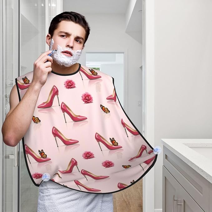 Beard Hair Catcher Bib, Waterproof Non-Stick Grooming Apron for Shaving Trimming, Perfect for Men Dad, Elegant Pink High Heel Shoes Butterfly Shave Bib