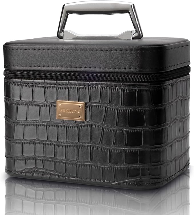 Sluxa Fashion makeup box, Portable leather hard cosmetic case with mirror, Professional train case make up box for women adults. (Black)