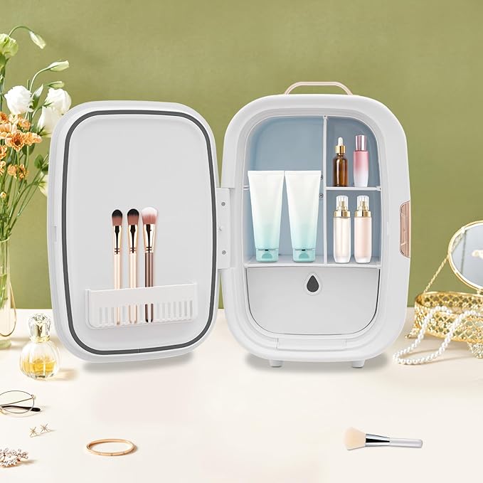 HOLMZCED 12L Portable Beauty Fridge with Handle, Mini Skincare Fridge Cooler & Warmer Cosmetics Refrigerator White for Makeup Lipstick Comestic Skincare