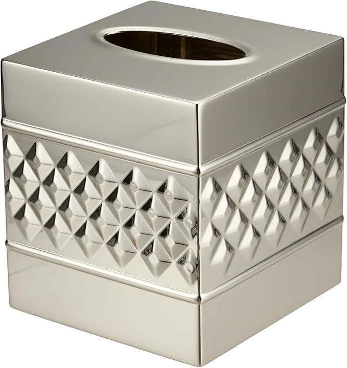 Monarch Abode Tissue Box Cover Square – Handcrafted Geo Embossed Nickel Chrome Finish Metal Tissue Holder Box for Bathroom Accessory, Aesthetic Decorative Facial Napkin Cube for Modern Home Décor