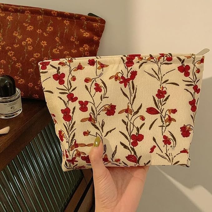 SxoSyo Floral Makeup Bag, Corduroy Cosmetic Bags, Beige