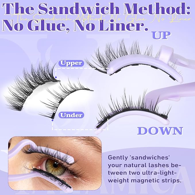 Magnetic Eyelashes with Applicator – Easy Snap-On Magnetic Lashes for Beginners, Natural Cat Eye Look, No Glue No Liner, Reusable Lightweight Strip Lashes by Yawamica