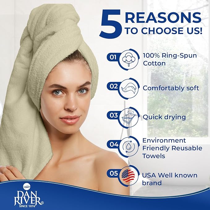 DAN RIVER 8 PC Luxury Bath Towels for Bathroom, 2 Bath, 2 Hand, and 4 Wash Cloths, 600 GSM 100% Ring Spun Cotton Towel Set, Highly Absorbent, Gym, Hotel, and Spa, Beige