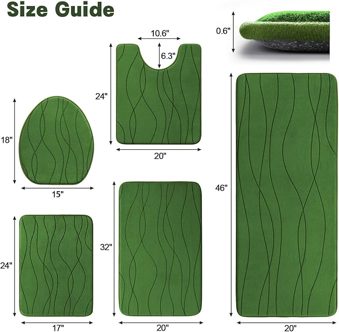 YIHOUSE Bathroom Rugs Set 5 Piece, Memory Foam Bath Mat Green