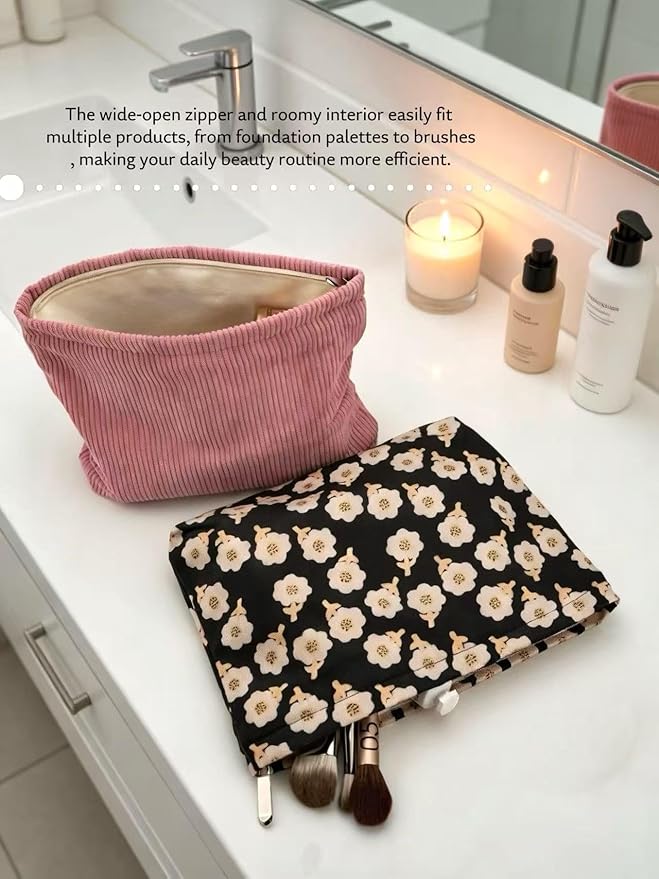 RIKMOXR 2 large cosmetic bags Ladies' corduroy canvas makeup bag, travel makeup bag, purse storage bag, featuring black floral and pink patterns