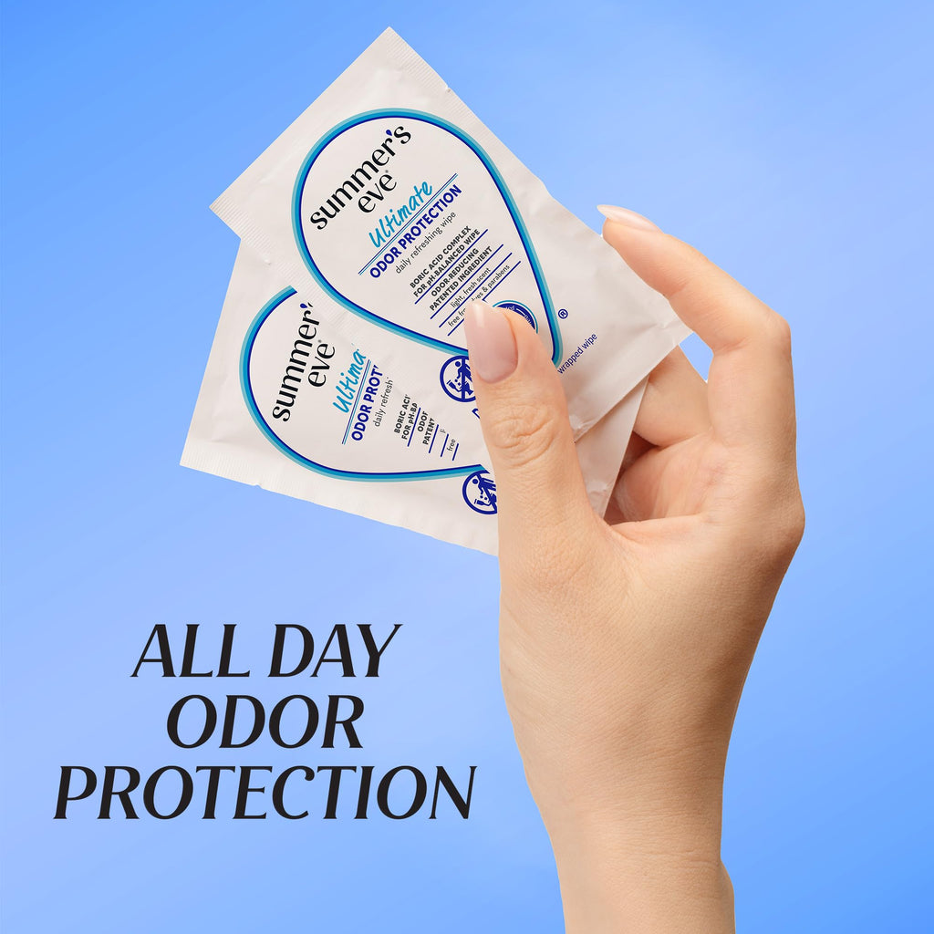 Summer's Eve Ultimate Odor Protection Daily Feminine Wipes, Gentle pH-Balanced Formula with Boric Acid Cleanses & Removes Vaginal Odor, Individually Wrapped Body Wipes, 12 Count
