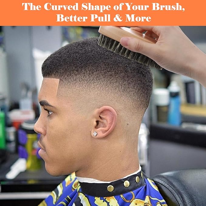 Curved 360 Wave Brush for Men – 2 PCS Medium Hard Boar Bristle Palm Brush with Ergonomic Wood Handle for Defining 360 Waves, Lay Down Hair, and Daily Wave Training for Black Men Textured Hair
