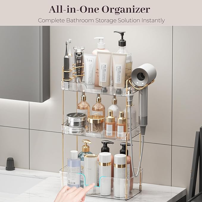 Aveniee Bathroom Counter Organizer Countertop, 3 Tier Makeup Perfume Storage with Hair Dryer Rack and Toothbrush Holder, Cosmetic Tray for Vanity - Clear