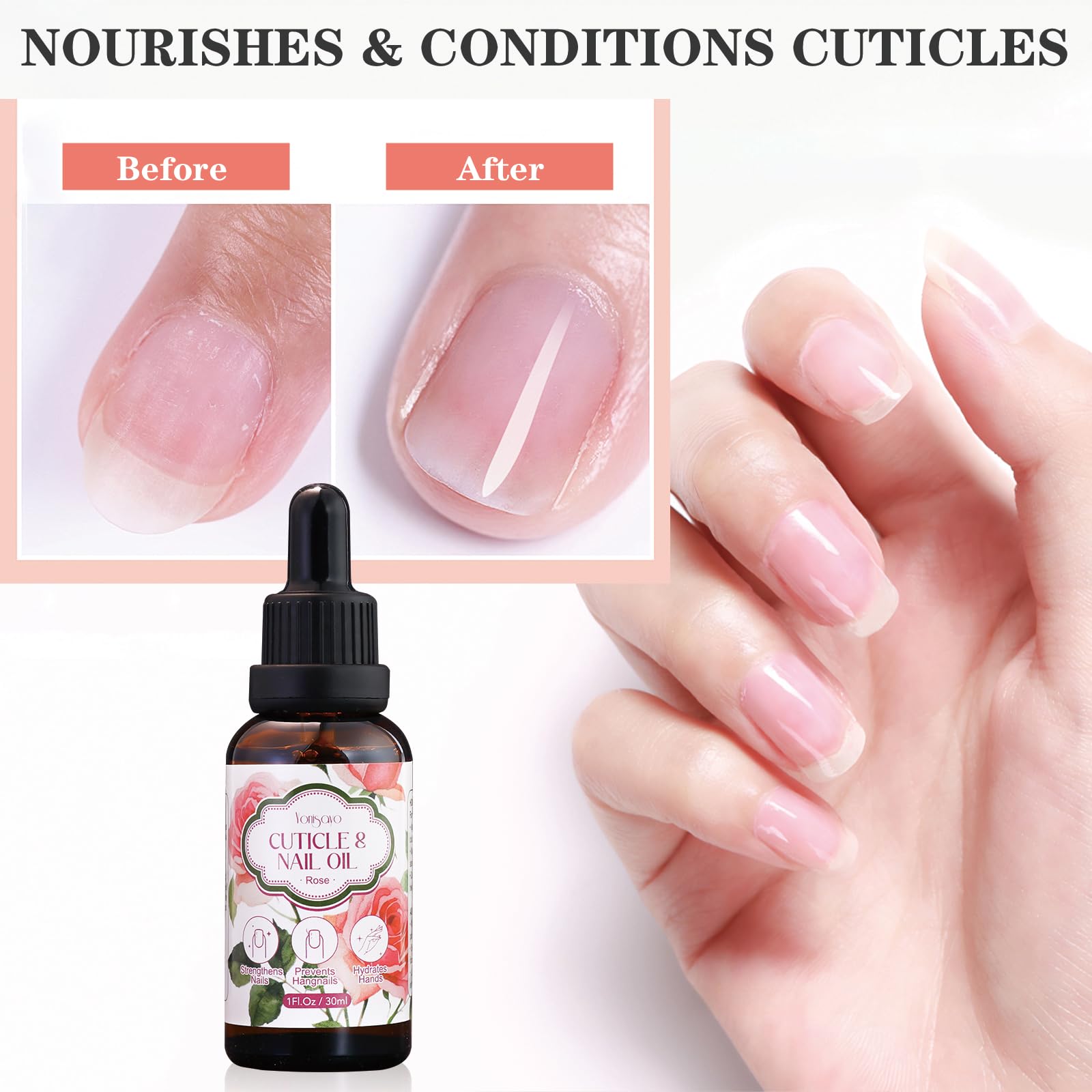 yonisayo 3 in 1 Cuticle Oil, 3 Pack Rose Nails Care Oil to Strengthen Brittle Nails, Hydrate Dry Cuticles & Soften Hands, Fast-Absorbing