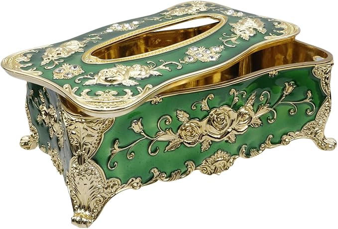 9.45"x5.43"x3.94" Luxurious Rose Tissue Box with Imitation Diamonds, Embossed Flowers, Elegant Tissue Paper Holders for Home Toilet Bath Hotel,Gold-Green