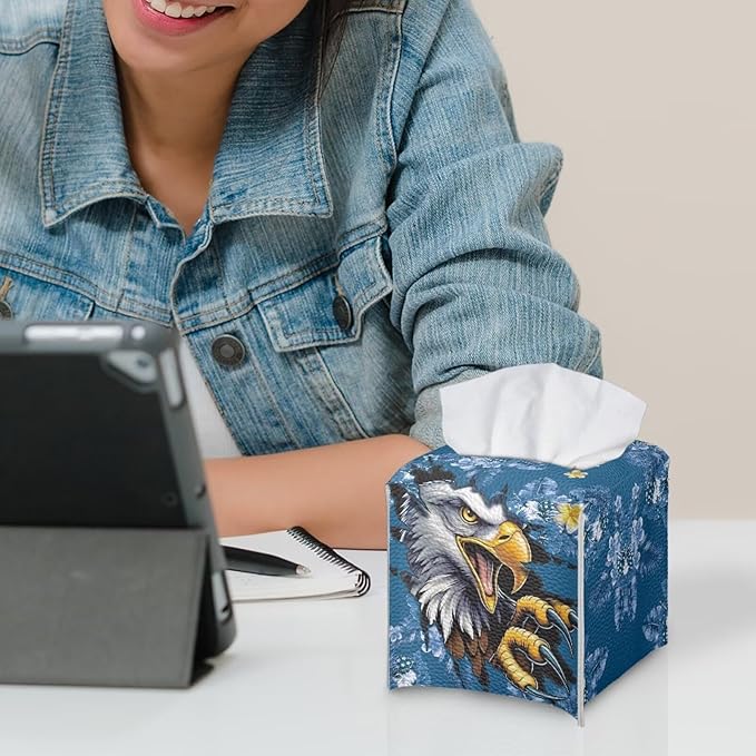 Eagle Blue Flowers Tissue Box Holder, PU Leather Square Napkin Cover with Metal Button, Waterproof Tissue Organizer for Nightstand, Dining Table, Office Desk, and Car Interior