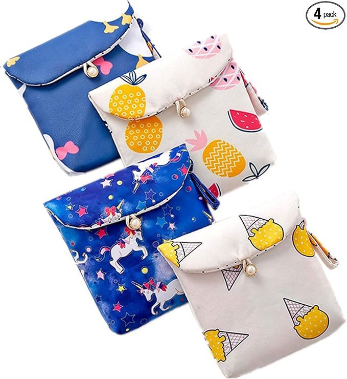 4 Pcs Cute Cotton Sanitary Napkins Bag, Menstrual Cup Pouch, Nursing Pad Holder, 5.1 x 5.1 inch Washable Organizer, Multifunction Purse for Girls Women (A)