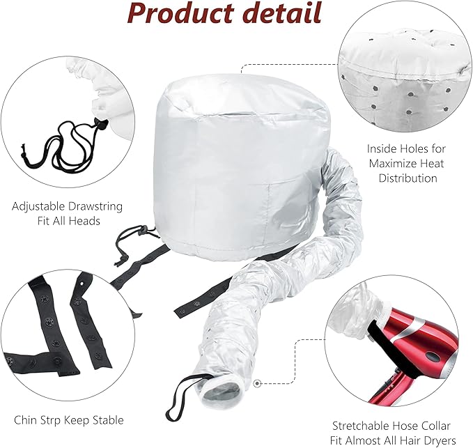 Safety Portable Hair Dryer Bonnet Attachment for Hair Styling, Adjustable Chin Strap and Side Fitting Drawstring Hood Dryers for Hair Home