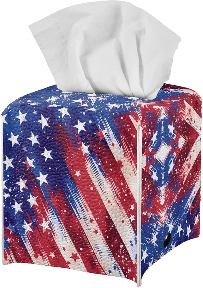 American Flag Tissue Box Cover, PU Leather Square Tissue Holder with Secure Metal Button, Waterproof and Stylish Napkin Dispenser for Home, Office, Car, and Bathroom Decor