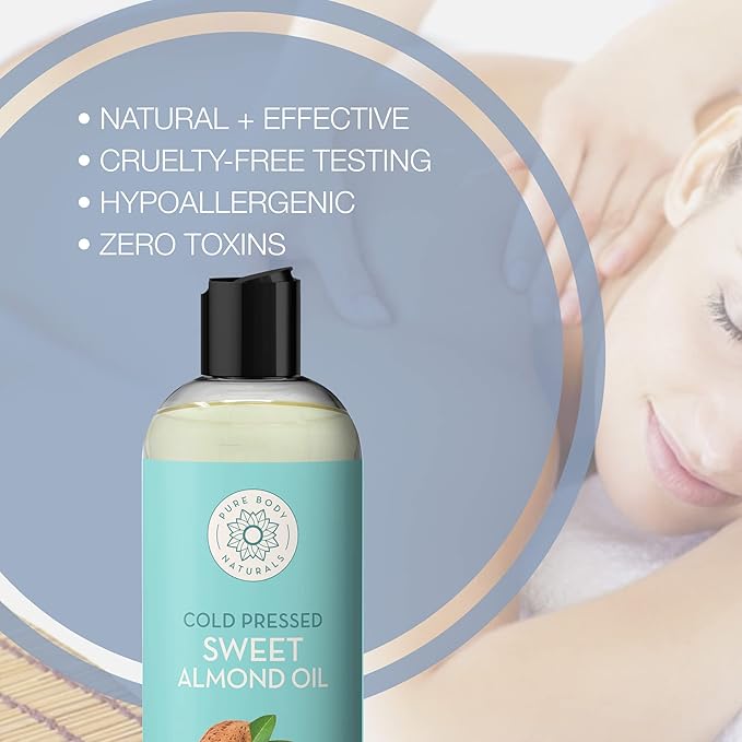 Pure Body Naturals Sweet Almond Oil for Skin and Hair, Cold Pressed Almond Oil, Almond Body Oil, Sweet Almond Carrier Oil, Fast Absorbing Moisturizer, 16 fl oz