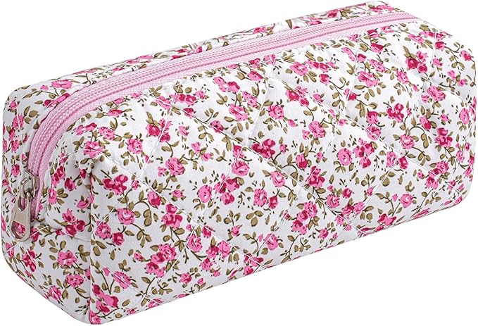 WHHJM Cute Floral Makeup Brush Bag Small Cotton Quilted Cosmetic Bag for Women Travel Toiletry Zipper Make Up Pouch (Red Floral)