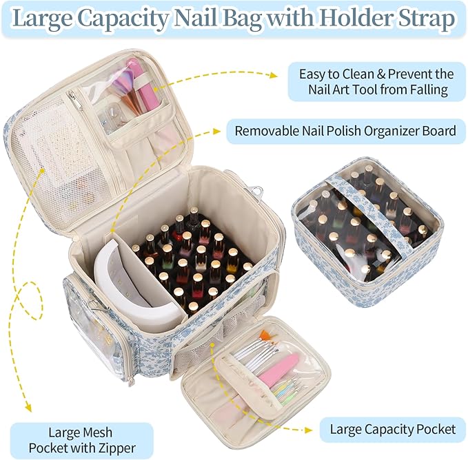 Bagmoly Nail Polish Organizer, Nail Polish Storage Holds 42+ Bottles & Nail Lamp, Portable Travel Nail Kit Storage Carrying Case Fits Nail Suppiles, Gift for Manicurist, Grils - Blue Flower