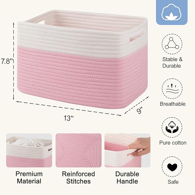 SIXDOVE 4 Pack Storage Baskets for Organizing, Woven Baskets for Shelves - Perfect for Toys, Books, Towels, and Clothes, Durable Gift Basket Bins Toy Storage, 12.7''Lx9''Wx7.8''H, Pink & White