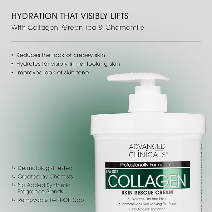 Advanced Clinicals Unscented Collagen Body Cream + Collagen Serum For Face 2PC Skincare Set | Face Serum & Body Lotion For Women & Men Helps Improve Look Of Wrinkles & Dry Skin, Fragrance Free, 2pc