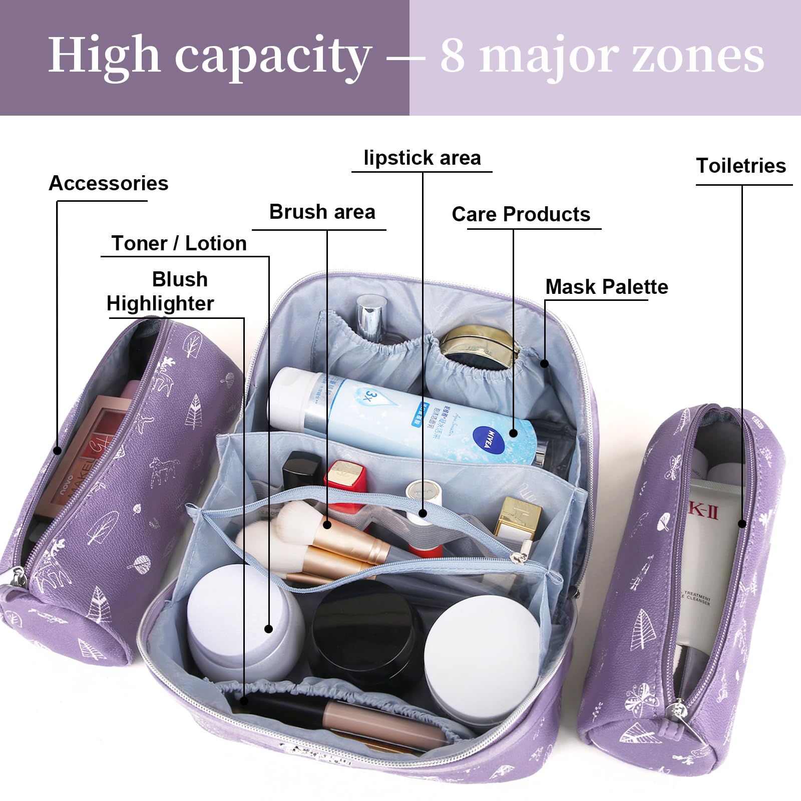 BOYATU Travel Makeup Bag Cosmetic Bags for Women: 3 Pcs Set Portable Make up Bag with Handle - PU Leather Toiletry Bags with Compartments - Makeup Organizer for Travel Essentials(L-3-Purple)