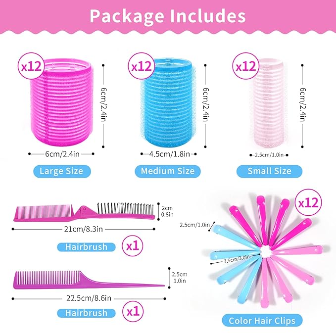 Hair Rollers Large Small 50PCS Set, 36PC Large Medium Small Hair Rollers for Volume Curlers with 12PC Clips and 2 Combs for Short Medium Blowout Look Long Hair Gift for Women Girls