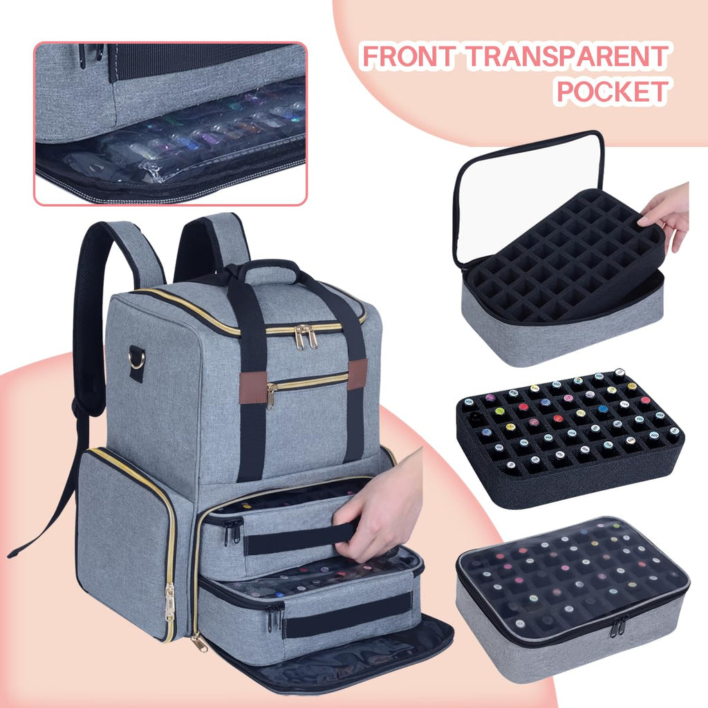 UOZL Nail Polish Organizer Holds 80 Bottles & Nail Art Lamp,Backpack Grey
