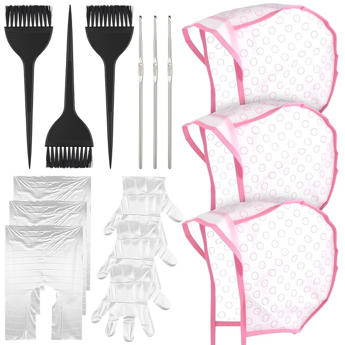 15 Pcs Highlight Cap with Dye Brushes Hair Highlighting Needles Crochet Hooks Dye Shawl, Salon Hair Coloring Highlighting Dye Tipping Cap Frosting Caps for Salon Dyeing Hairdressing Tool(Pink)