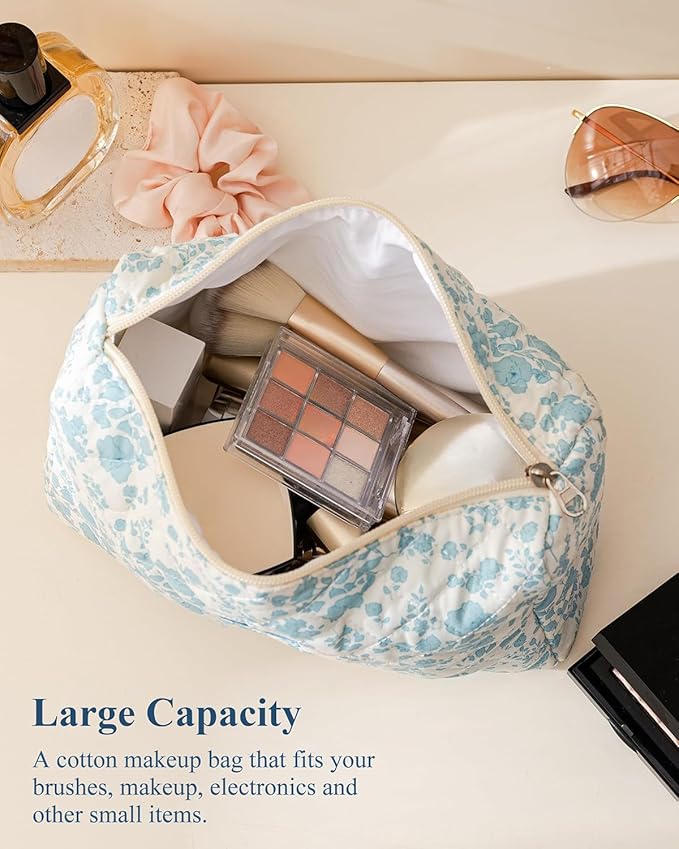 HBselect Initial Quilted Makeup Bag, Cotton Large Travel Makeup Bag, Cute Floral Coquette Make up Bag Cosmetic Bag Toiletry Bag for Women Girls A