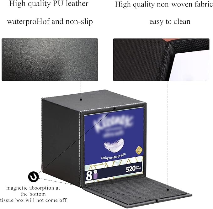 PU Leather Tissue Box Cover Square,Upgrade Large Size Napkin Holder Pumping Paper Case Dispenser,Facial Tissue Holder with Magnetic Bottom for Home Office Car Hotel Restaurant Black (Black-1)