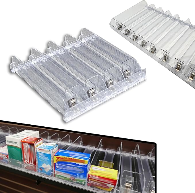 STORE FIXTURES DIRECT Auto Feed Shelf Product Pusher Kit, Adjustable Width Spring Loaded Merchandise Glider Pushing System, Kit for [20] 12" L Shelves - [80 Shelf Pushers + 100 Dividers]