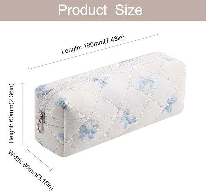 WHHJM Cute Floral Makeup Brush Bag Small Cotton Quilted Cosmetic Bag for Women Travel Toiletry Zipper Make Up Pouch (Blue Small Bowknot)
