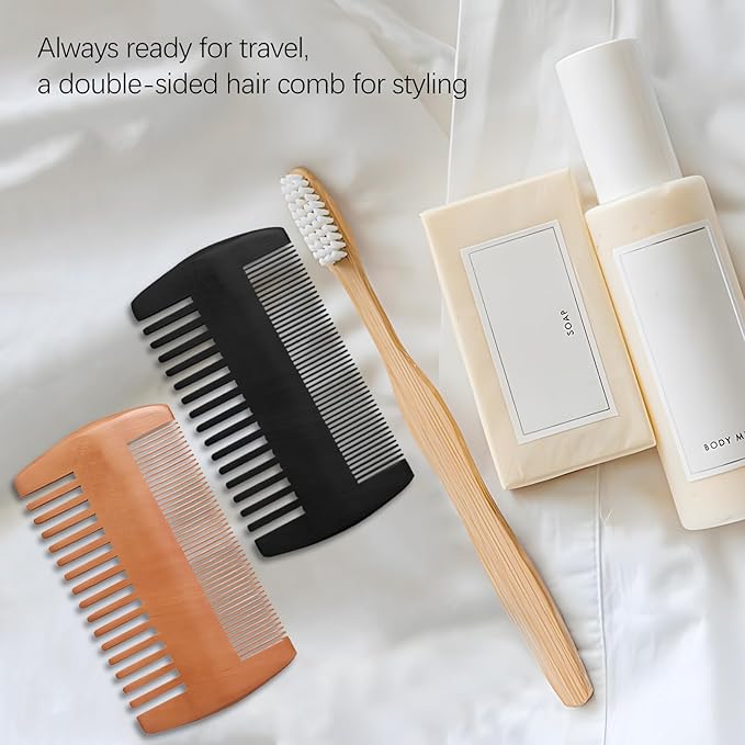 Wooden Beard Comb Kit, Dual Action Fine & Coarse Teeth, Wood Color and Black Pocket Comb for Beards & Mustaches & Hair Grooming Care (2 Pack)