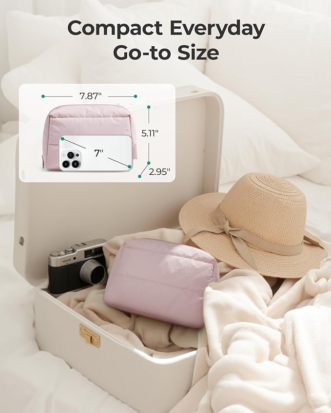 BAGSMART Puffy Makeup Bag, Wide Opening Cosmetic Organizer, Soft Water-Resistant Travel Toiletry Pouch for Women for Purse, Compact & Spacious