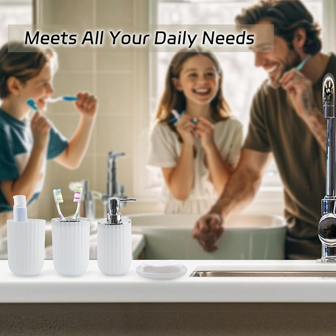 White Bathroom Accessories Set, 10Pcs Bathroom Accessory Sets Complete with Trash Can, Shower Curtain, Vanity Tray, Soap Dispenser, Soap Dish, Toothbrush Holder&Cup, Toilet Brush&Holder, Qtip Holder