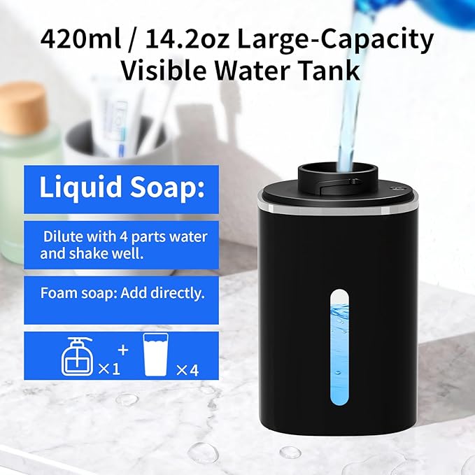 Automatic Foaming Soap Dispenser, Touchless Rechargeable Hand Soap Dispenser, 4 Adjustable Levels, 1200mAh Battery, Large Display, for Kitchen & Bathroom (Black, Foaming)