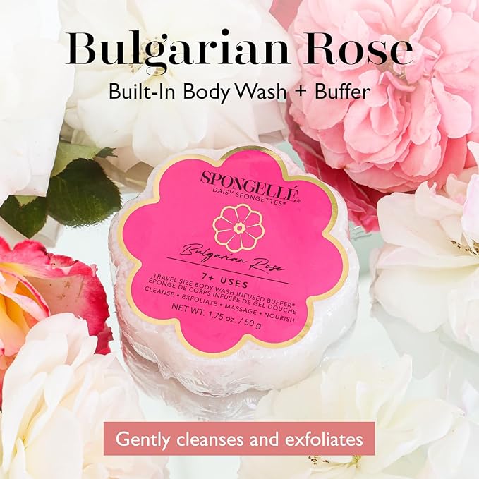 Spongellé Bulgarian Rose Daisy Spongette Bath Sponge | Built-in Body Wash & Body Scrubber, Shower Loofah Sponge for Women, Travel Essentials | 7+ uses