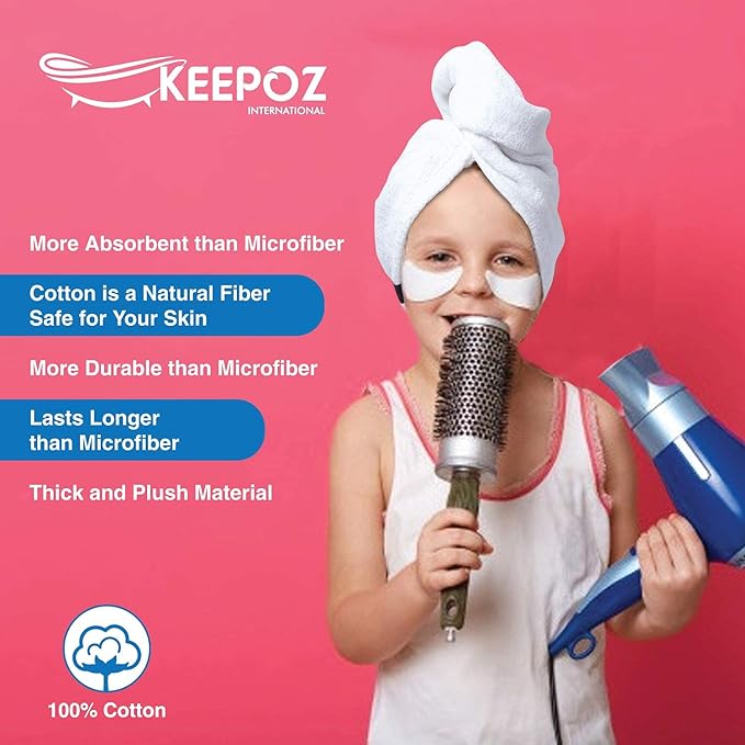 KEEPOZ Hair Towel Wrap Quick Dry 100% Cotton Super Absorbent Turban Head Wrap for Women with Button, Non Microfiber Anti Frizz, Hair Cap for Curly, Long & Thick Hair (Red+White, 2 Pcs)
